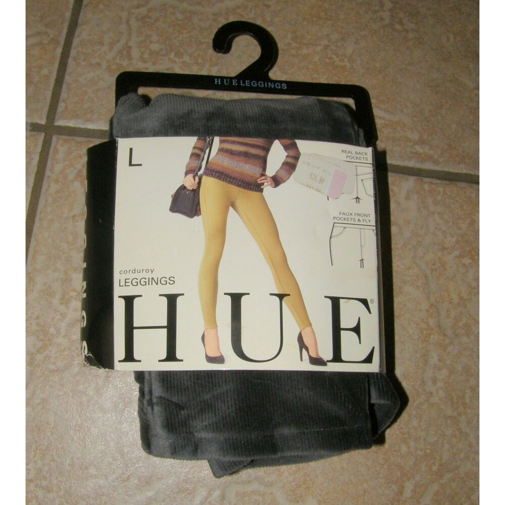 HUE Dark Gray Sz Large Elastic Waist Soft Stretchy Corduroy Leggings Pockets NEW